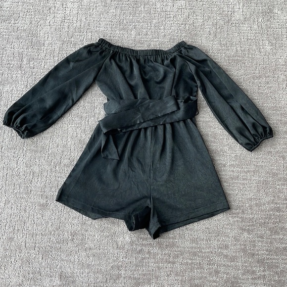 Off the Shoulder Black Satin Romper - Picture 3 of 4